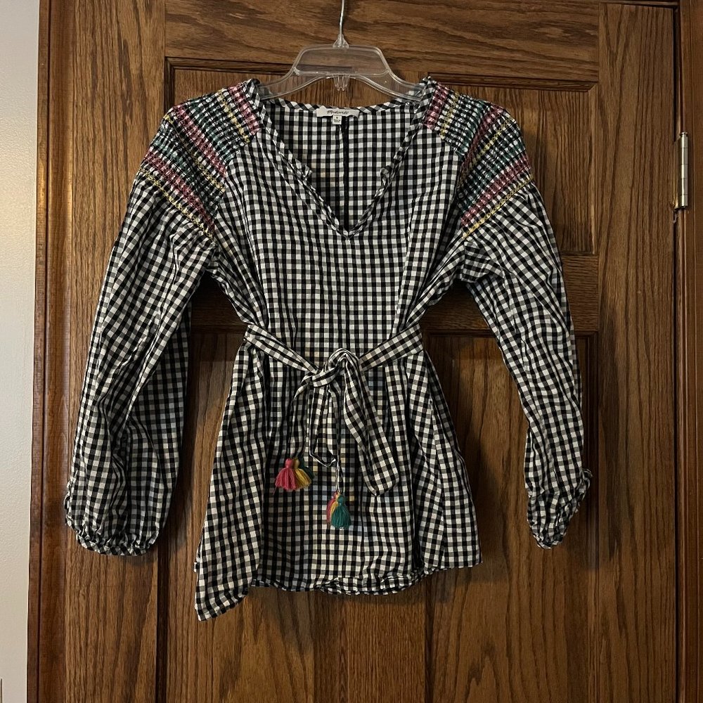 Madewell Gingham Top with Embroidery and Belt